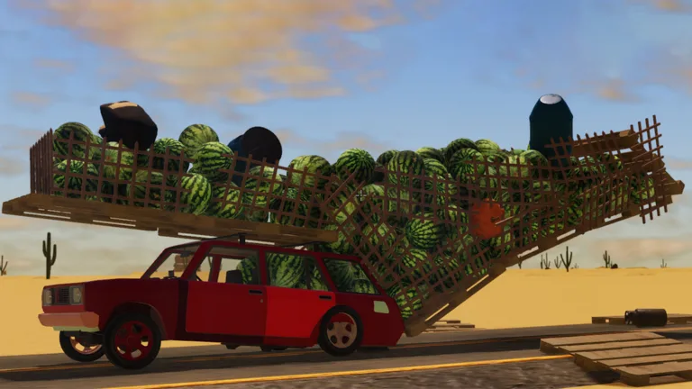 Station wagon carrying a full wooden cargo rack in A desrt
