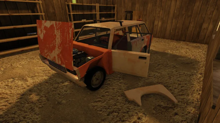 Station wagon with its hood open for engine repairs in the A desrt garage
